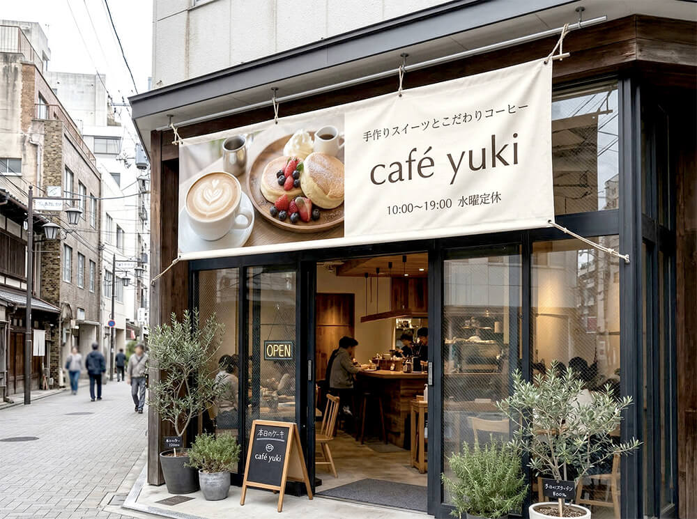 カフェへの店頭幕設置事例｜看板通販サインシティ